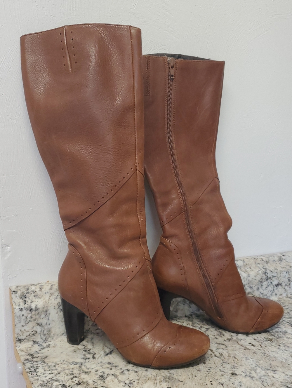 ALDO Cognac Brown Mid-Calf Leather Heeled Boots Size 6